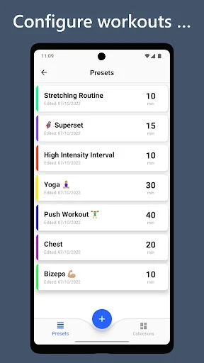 Workout presets configuration menu listing multiple interval training routines with durations
