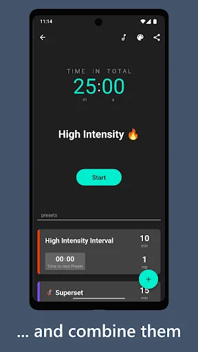 High-intensity interval workout timer showing 25-minute total time with preset exercise options