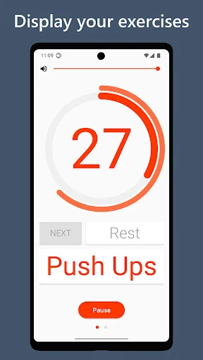 Active exercise timer displaying 27-second countdown for push-ups with navigation and pause button