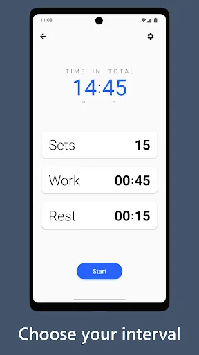 Interval timer setup screen with customizable sets, work time, rest time, and start button