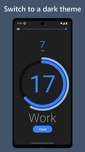Dark mode interval timer showing 17-second workout countdown with blue progress circle indicator