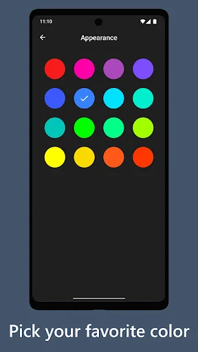 App customization screen with color palette options for choosing favorite timer appearance color