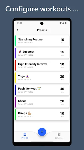 Presets screen listing customizable interval workout programs including Stretching Routine, High Intensity Interval, Yoga, Push Workout, and Chest exercises
