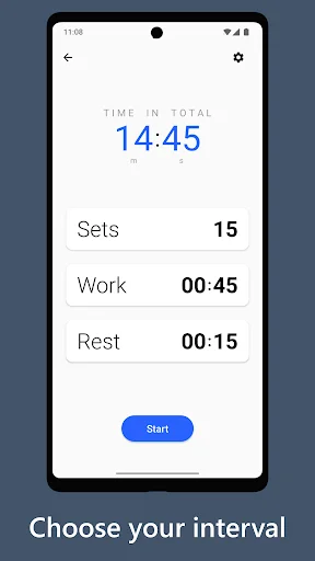 Interval timer setup screen showing 14:45 total time with 15 sets of 00:45 work and 00:15 rest intervals with start button