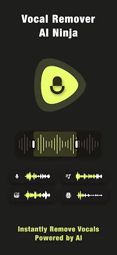 Vocal Remover AI Ninja app home screen featuring microphone icon, waveform visualization, and AI-powered vocal removal capability