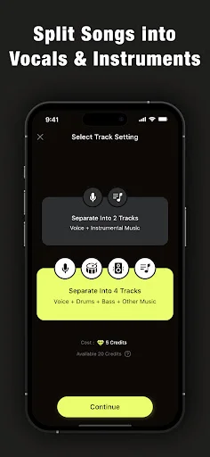 Song separation selection interface offering choices to split audio into 2 or 4 tracks including vocals, drums, bass, and instruments