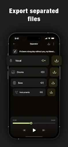 Audio export results screen displaying separated vocal, drums, bass, and instruments tracks with individual download buttons
