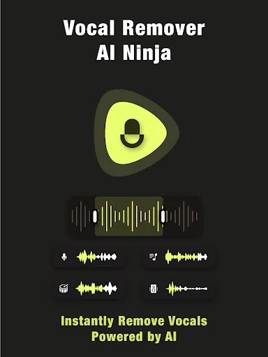 Vocal Remover AI Ninja home screen showing microphone icon, audio waveform display, and instant AI-powered vocal removal feature