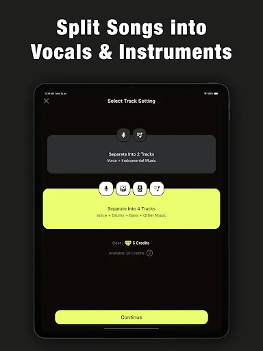 Song separation mode selection screen with options to split tracks into vocal, drums, bass, and other music components