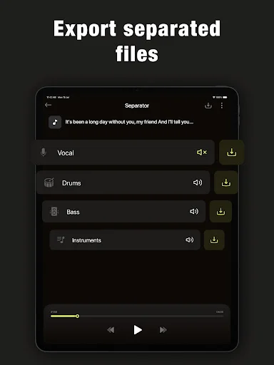 Export separated audio files screen listing individual vocal, drums, bass, and instruments tracks with download and playback controls
