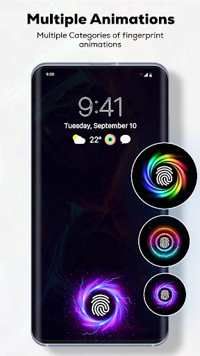 Multiple fingerprint animation styles with neon glow effects shown as preview options for personalized live wallpaper