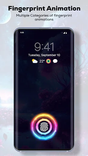 Animated fingerprint with glowing gradient neon effect in yellow, pink, and cyan colors displayed on lock screen