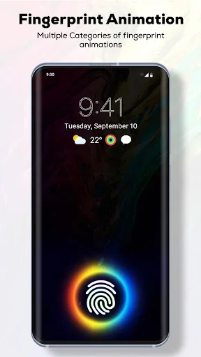 Fingerprint animation featuring warm orange to blue gradient with glowing aura effect for mobile live wallpaper