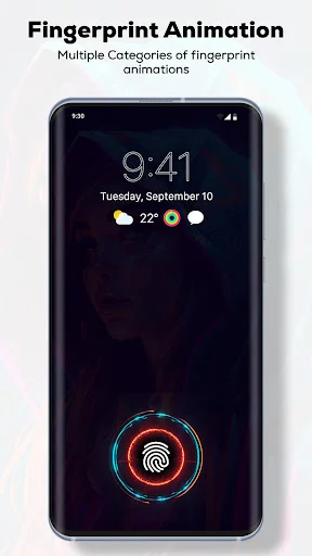 Neon fingerprint animation with red center and cyan glowing rings creating geometric circular pattern