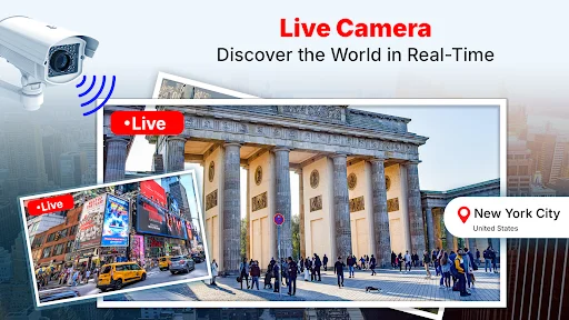 Live Camera app showing real-time broadcast views of New York City landmarks with live stream indicator