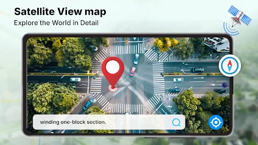 Satellite view map with aerial street intersection, red location marker, and search navigation bar
