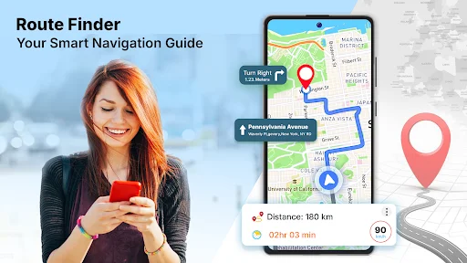 Route finder GPS navigation app displaying turn-by-turn directions with 150 km distance and time estimate