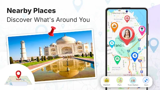 Nearby places discovery map showing local points of interest including restaurants, parks, and train stations