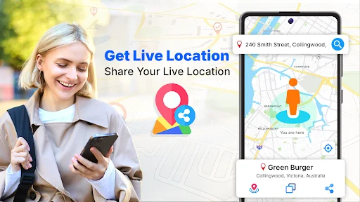 Live location sharing feature displaying current address, map view, and nearby businesses discovery