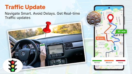 Real-time traffic update navigation displaying route with traffic density indicators and time estimates