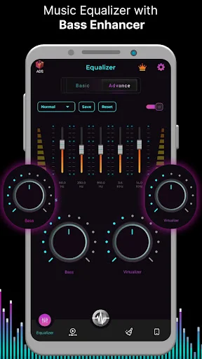 Music equalizer with frequency sliders, bass and treble dials, visualizer bars, and audio enhancement presets