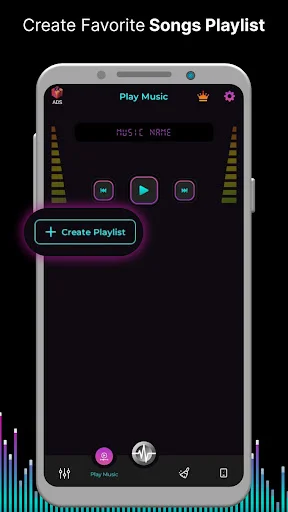 Play Music interface with player controls and Create Playlist button to organize favorite songs for audio boost app