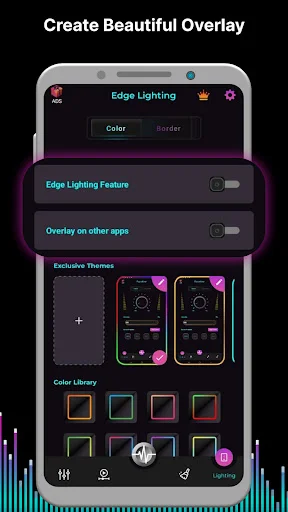 Edge Lighting settings with feature toggle, overlay options, theme previews, and customizable color library