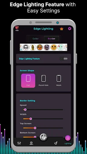 Edge Lighting border settings with screen shape options, emoji selector, and customizable spread and width controls