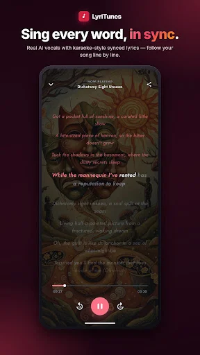 LyriTunes karaoke interface showing synced lyrics display with real AI vocals and playback controls for singing along to generated songs