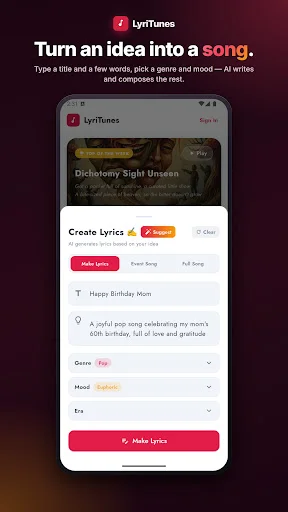 LyriTunes create lyrics form where users input song title, description, genre, mood, and key to generate AI-composed lyrics and music