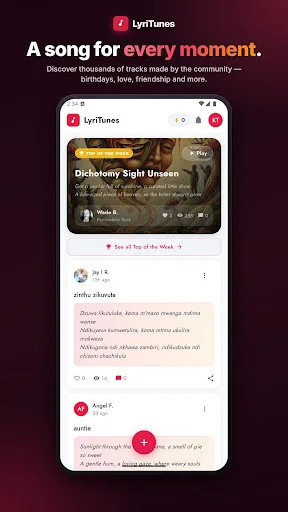 LyriTunes community feed displaying user-created songs with profiles, descriptions, and engagement options like likes and comments