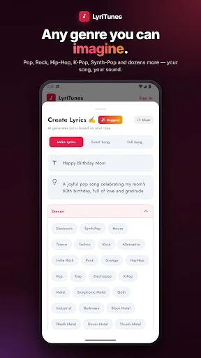 LyriTunes genre selector showing multiple music genre options including Pop, Rock, Hip-Hop, R&B, Electronic, and Synth-Pop choices