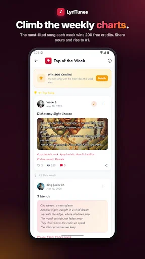 LyriTunes Top of the Week leaderboard showing trending community songs, creator profiles, and reward credits for popular tracks