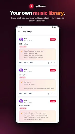 LyriTunes My Songs library displaying user's created tracks with play buttons, song titles, descriptions, and sharing options