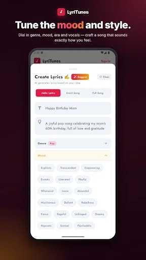LyriTunes mood and style selector with customizable options like Festival, Empowering, Haunted, and Cinematic for song creation