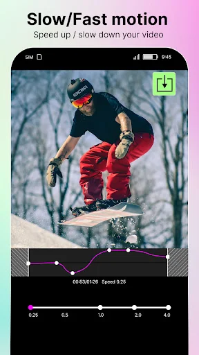 Slow/Fast motion editor with skateboard video and speed curve slider showing 0.25x to 4x playback presets
