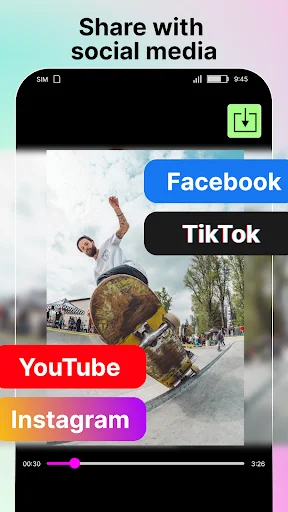 Social media sharing interface for slow motion videos with Facebook, TikTok, YouTube, Instagram buttons