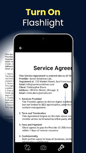 Lupa flashlight feature illuminating service agreement document text for reading small print with bright light