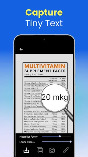 Lupa capture tiny text feature magnifying supplement facts label with adjustable magnifier factor and loupe radius