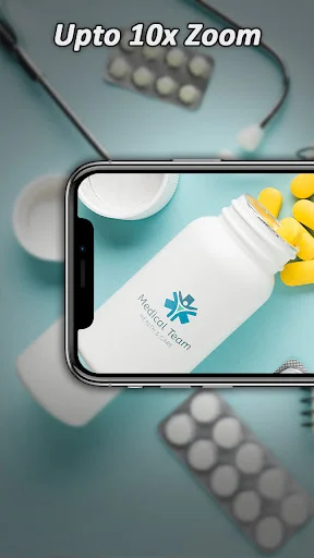 Magnifying Glass app with up to 10x zoom magnifying medication bottle and yellow pills for close-up viewing