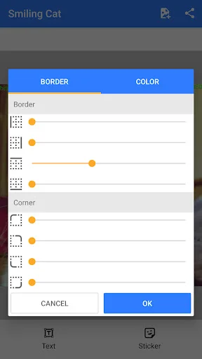 Border customization panel with multiple style options and orange color selectors for meme design