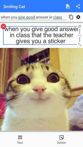 Smiling cat meme template with editable text about giving correct answers receiving teacher stickers