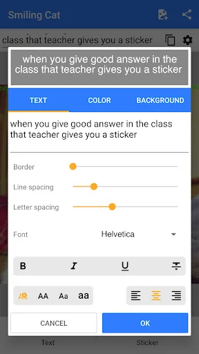 Text editing interface with font selection, spacing controls, and text alignment options for meme creation