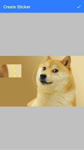 Custom sticker creation tool showing Doge image with dotted selection circle for extracting stickers