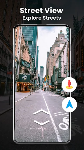 Street View Map app displaying live street-level urban navigation with interactive street exploration and GPS location features