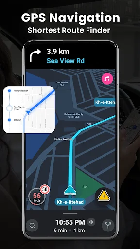 GPS Navigation app showing shortest route finder with 3.9km distance, turn-by-turn directions and real-time speed tracking