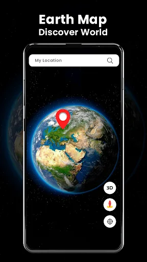 Earth Map feature displaying 3D globe view with location pin and worldwide discovery tools for navigation route planning