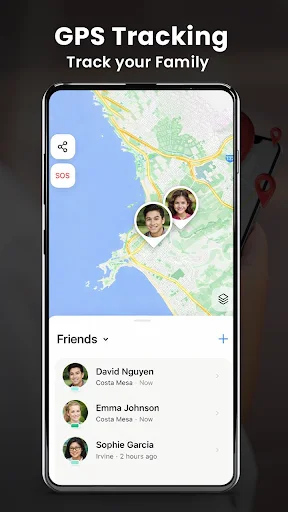 GPS Tracking app showing real-time family member locations on interactive map with friend list and location timestamps