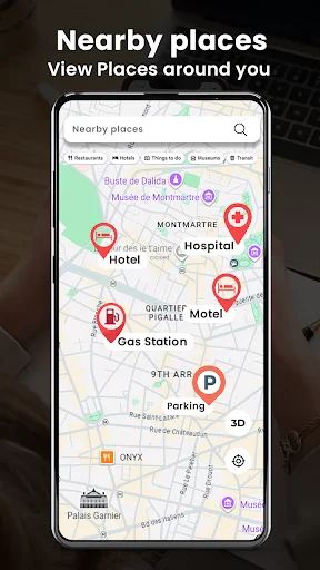 Nearby Places map displaying restaurants, hotels, hospitals, gas stations, parking and local points of interest with search filters