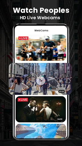 HD Live Webcams feature streaming real-time video feeds from public streets, events and locations with live broadcast labels